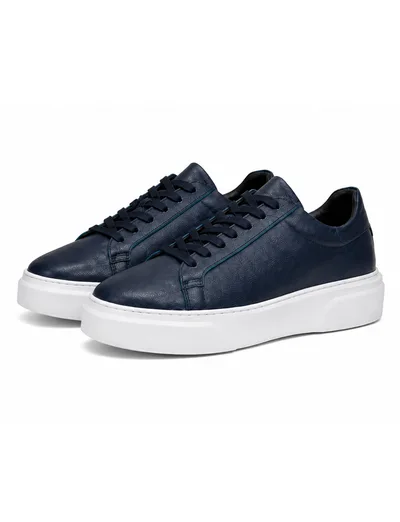 Navy Leather Platform Sneaker Erkek